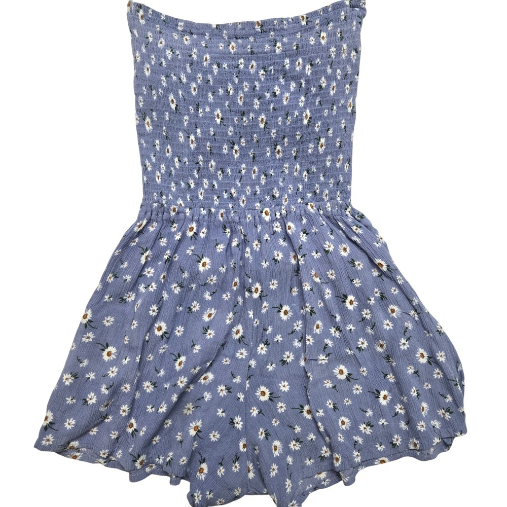 India Boutique Blue Daisy Floral Smocked Romper Tie Back Large Cottage *Flawed*